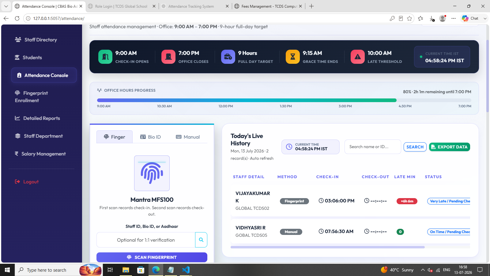 Biometric attendance system screenshot